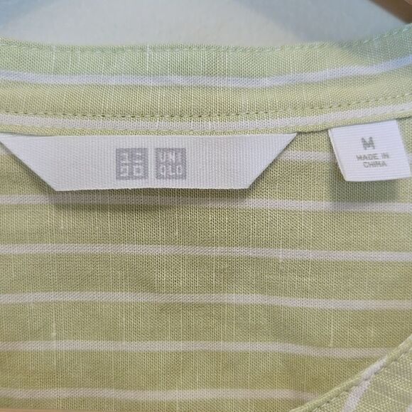 Uniqlo Linen Blend Striped Button Down Shirt Medium 3/4 Sleeve Band Collar Green - Picture 8 of 11